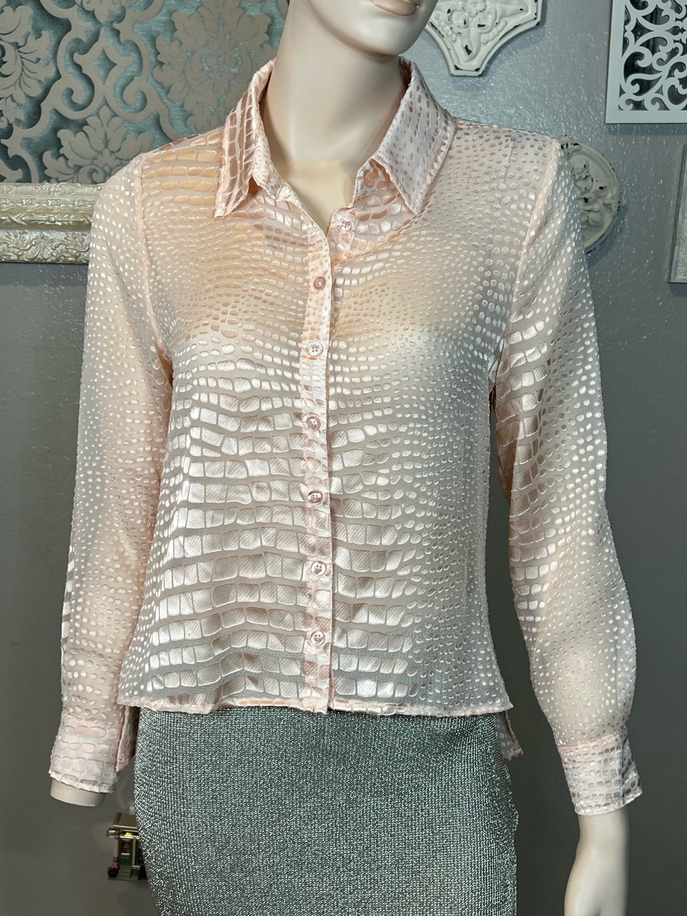 AS by DF Peach Pink Satin Button-up Blouse